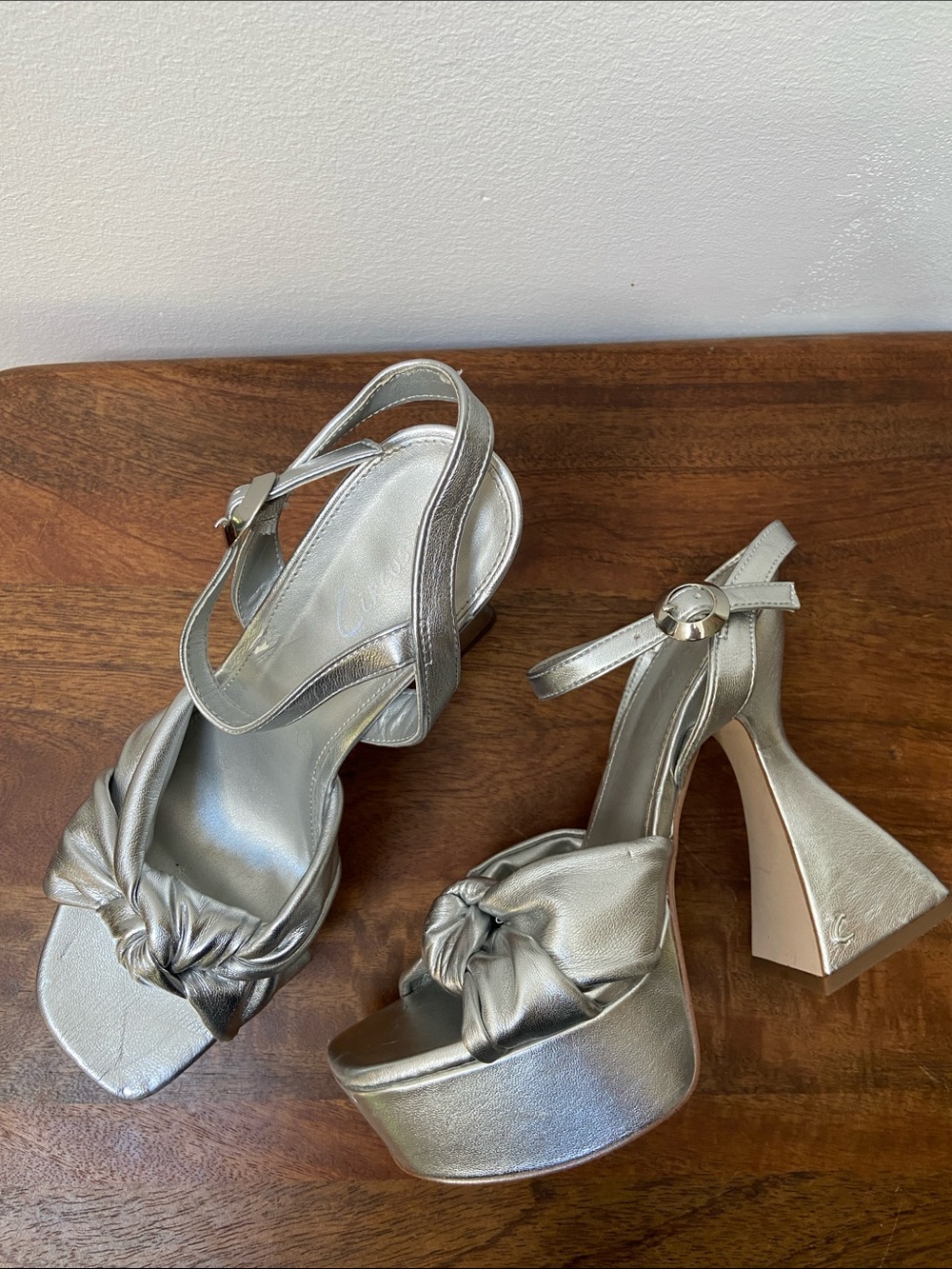 Circus NY Audrea Silver Knot Platform Slingback Sculptural Heels